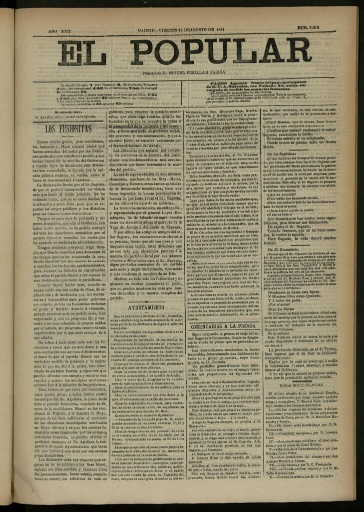 Miniatura de El Popular: diario independiente, político, literario y de noticias de interés general del 28 de agosto de 1891, nº 9956