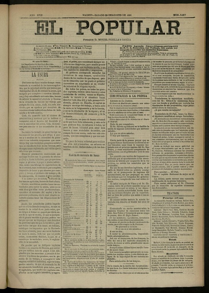 Miniatura de El Popular: diario independiente, político, literario y de noticias de interés general del 29 de agosto de 1891, nº 9957