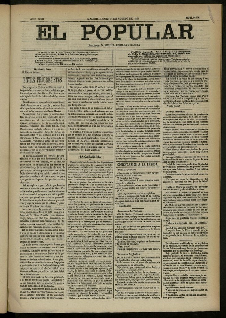 Miniatura de El Popular: diario independiente, político, literario y de noticias de interés general del 31 de agosto de 1891, nº 9958