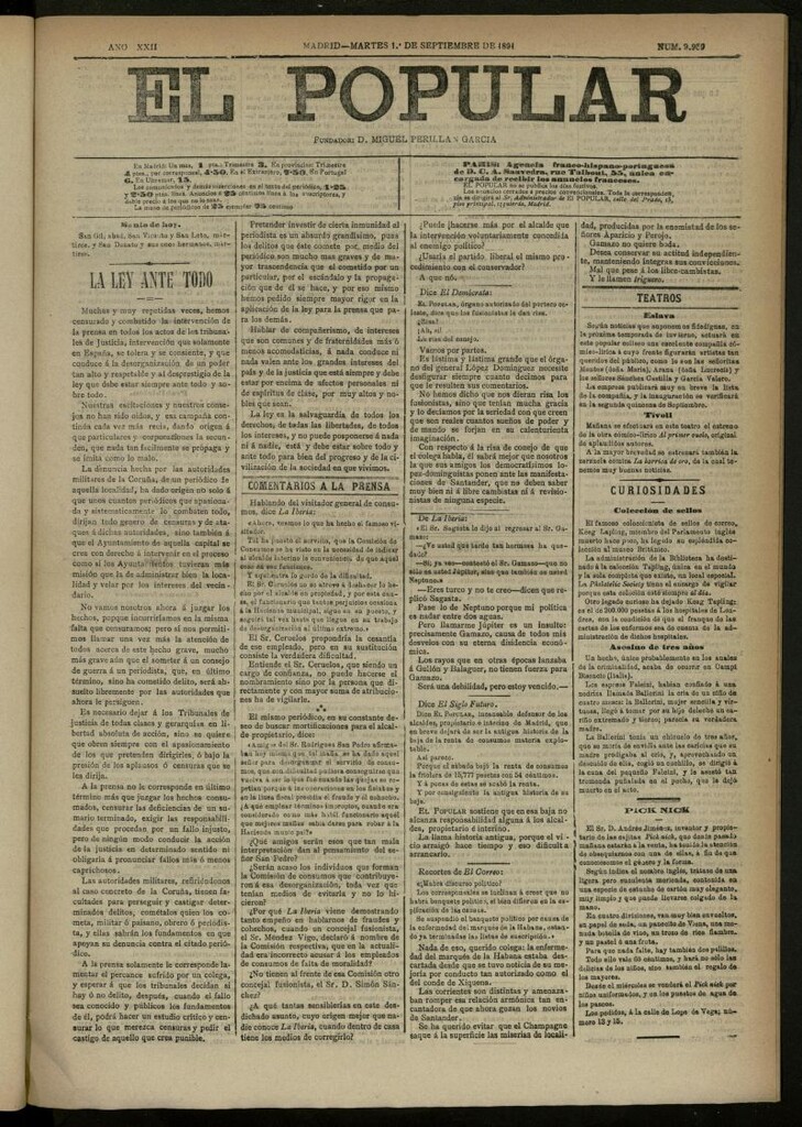 Miniatura de El Popular: diario independiente, político, literario y de noticias de interés general del 1 de septiembre de 1891, nº 9959