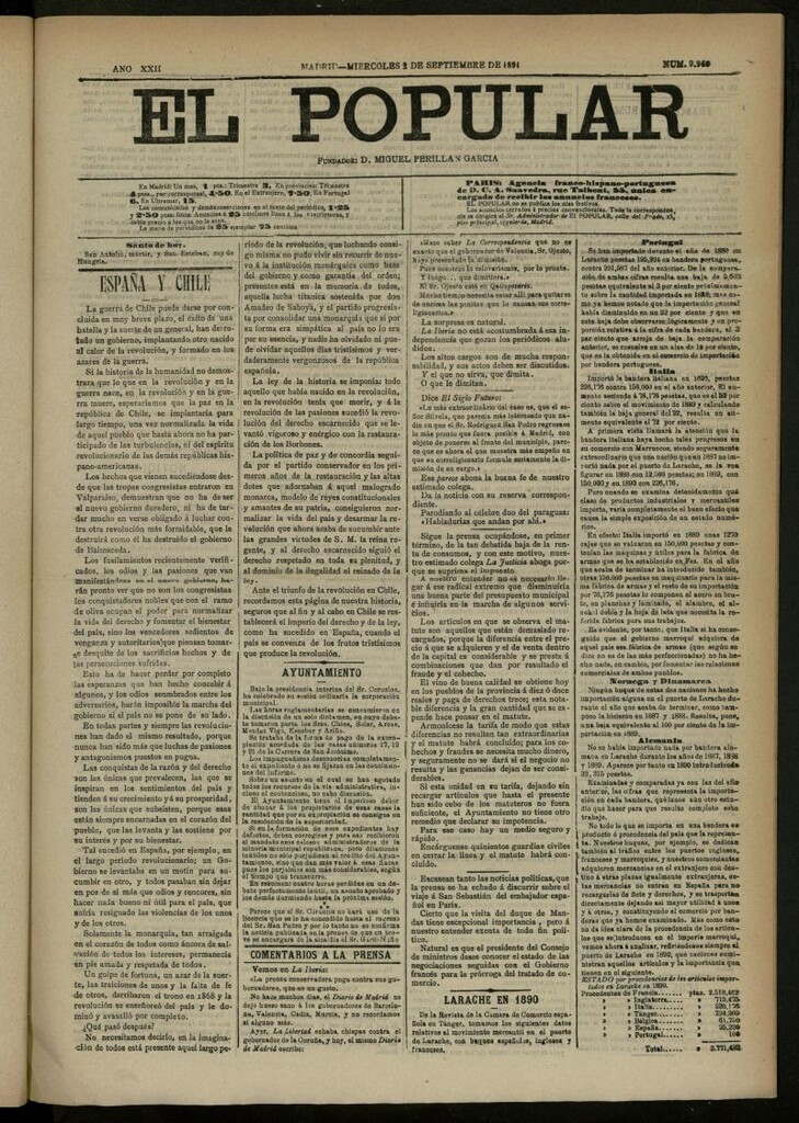 Miniatura de El Popular: diario independiente, político, literario y de noticias de interés general del 2 de septiembre de 1891, nº 9960