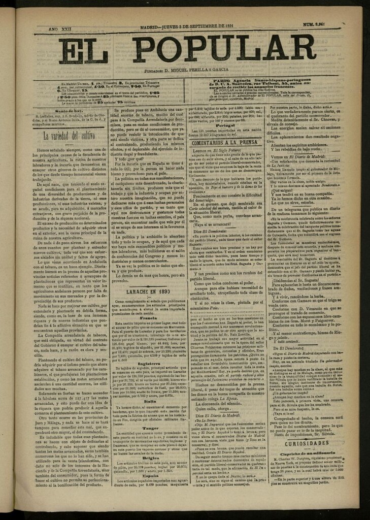Miniatura de El Popular: diario independiente, político, literario y de noticias de interés general del 3 de septiembre de 1891, nº 9961