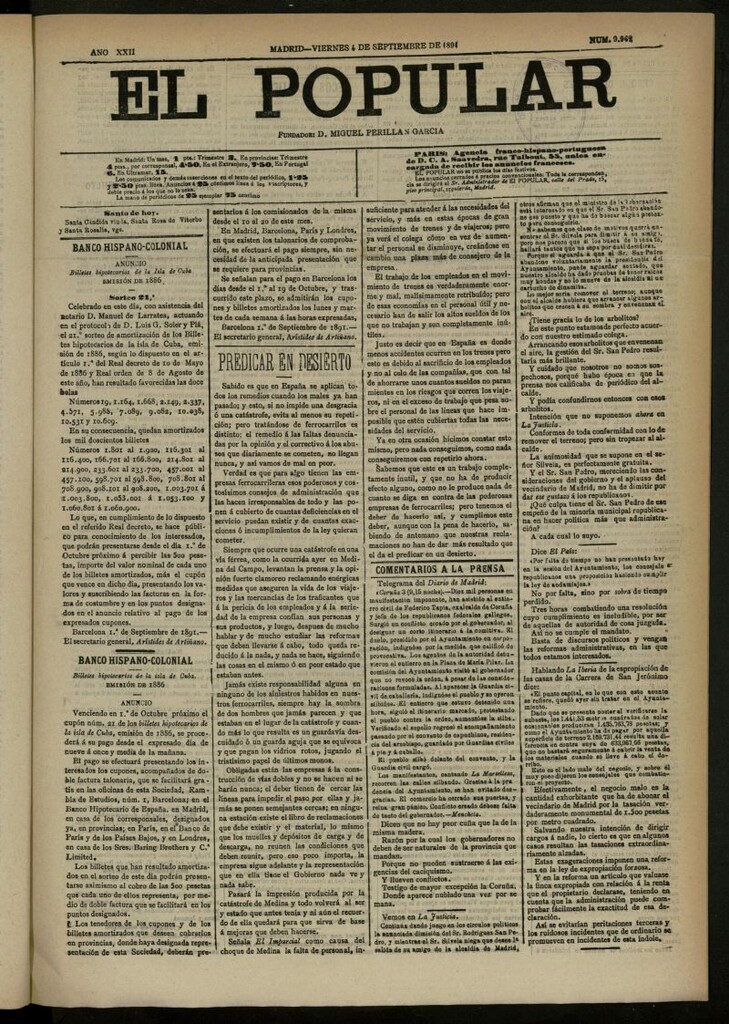 Miniatura de El Popular: diario independiente, político, literario y de noticias de interés general del 4 de septiembre de 1891, nº 9962