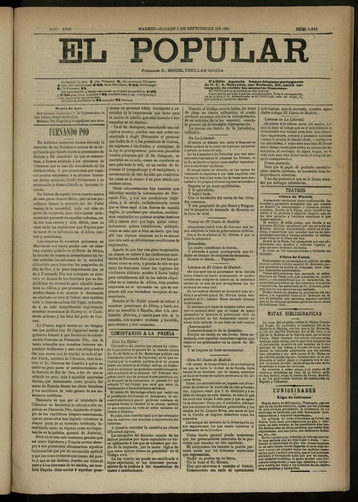 Miniatura de El Popular: diario independiente, político, literario y de noticias de interés general del 5 de septiembre de 1891, nº 9963