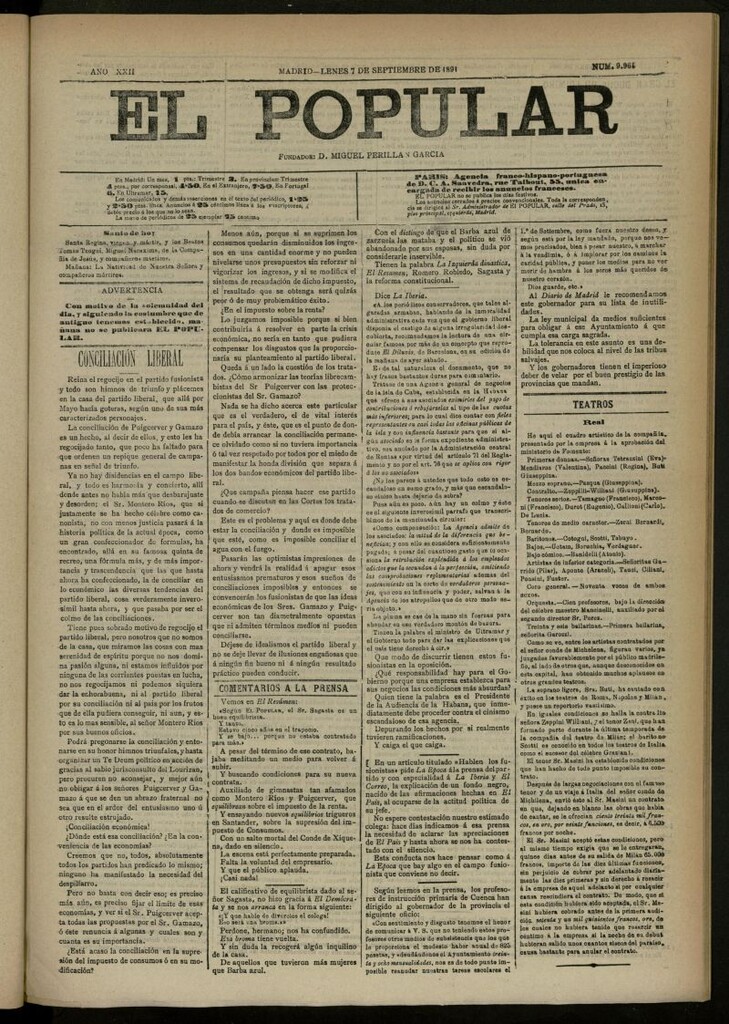 Miniatura de El Popular: diario independiente, político, literario y de noticias de interés general del 7 de septiembre de 1891, nº 9964