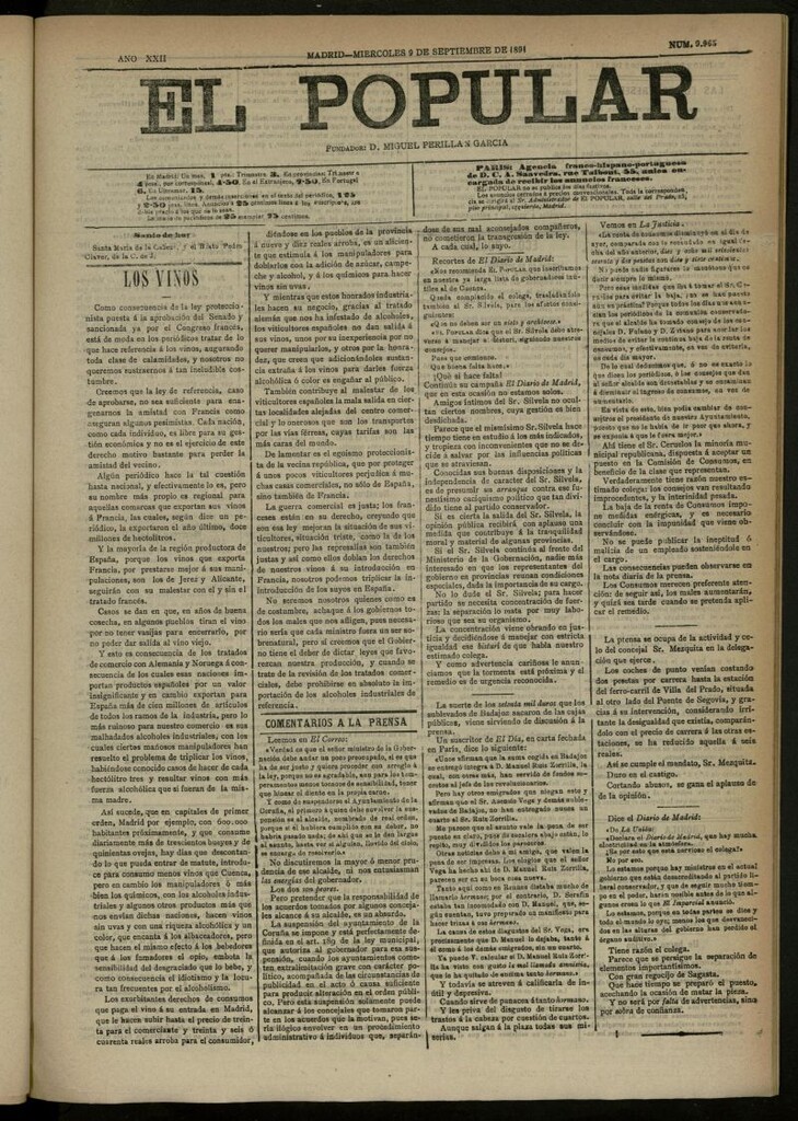 Miniatura de El Popular: diario independiente, político, literario y de noticias de interés general del 9 de septiembre de 1891, nº 9965