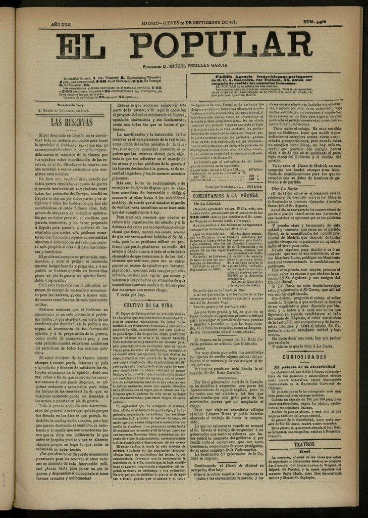 Miniatura de El Popular: diario independiente, político, literario y de noticias de interés general del 10 de septiembre de 1891, nº 9966