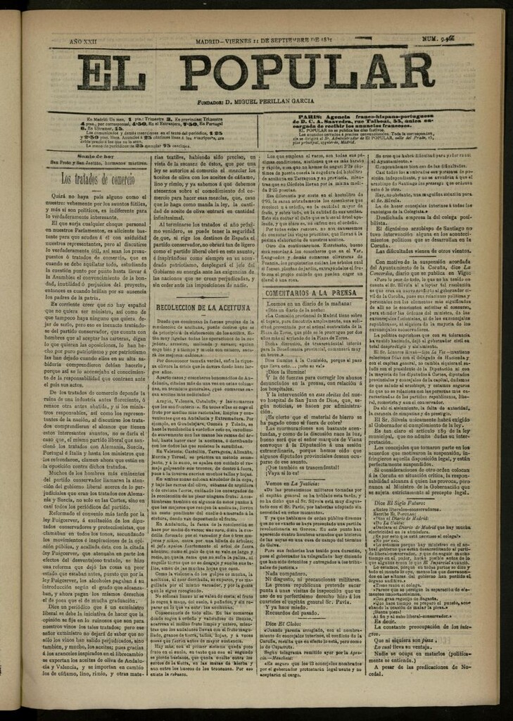 Miniatura de El Popular: diario independiente, político, literario y de noticias de interés general del 11 de septiembre de 1891, nº 9966 [sic]