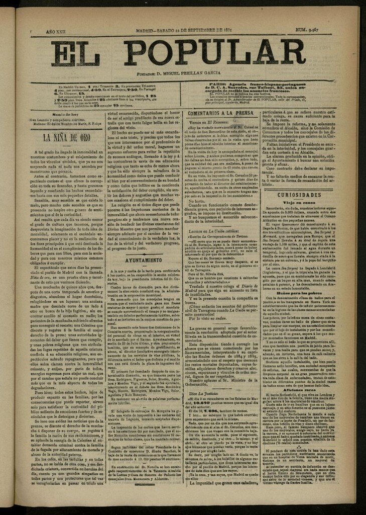 Miniatura de El Popular: diario independiente, político, literario y de noticias de interés general del 12 de septiembre de 1891, nº 9967