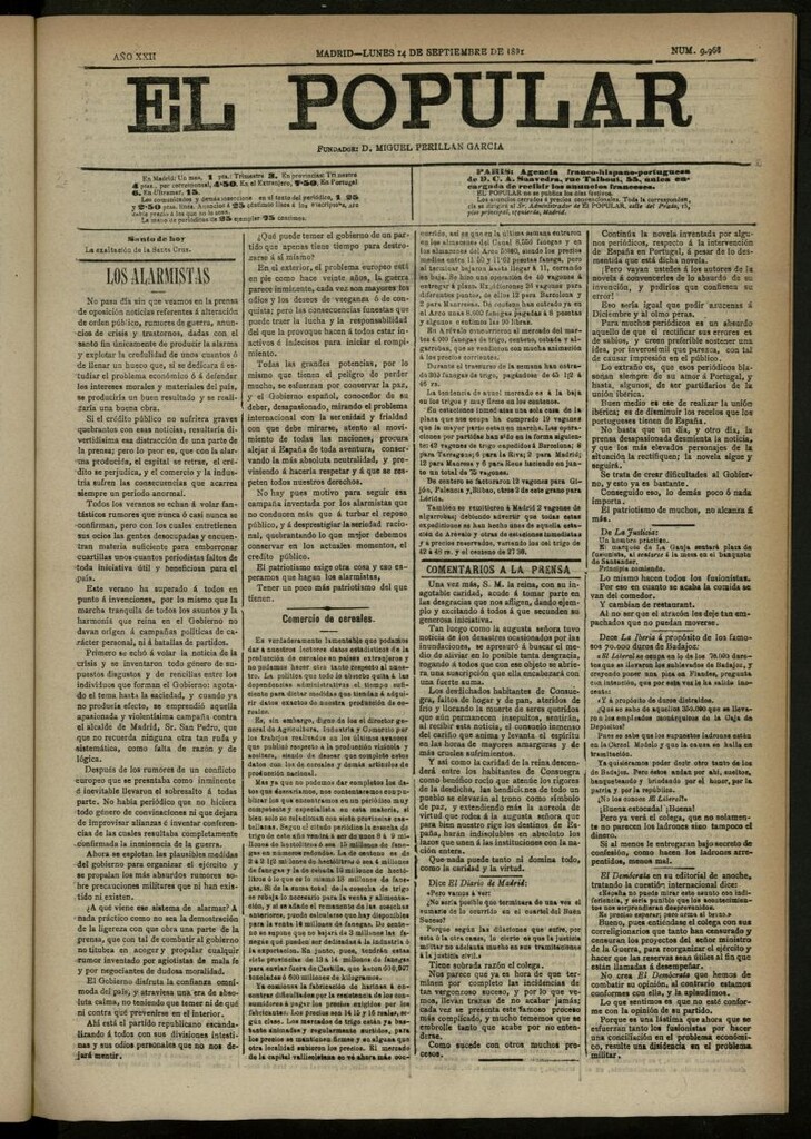 Miniatura de El Popular: diario independiente, político, literario y de noticias de interés general del 14 de septiembre de 1891, nº 9968