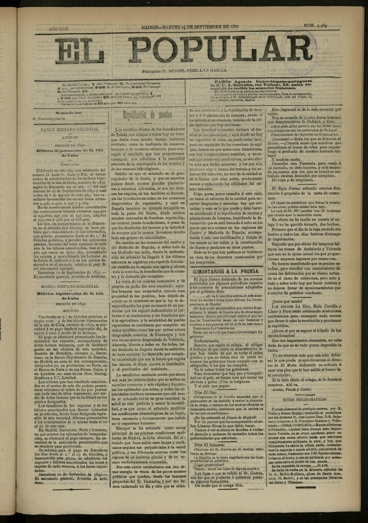 Miniatura de El Popular: diario independiente, político, literario y de noticias de interés general del 15 de septiembre de 1891, nº 9969