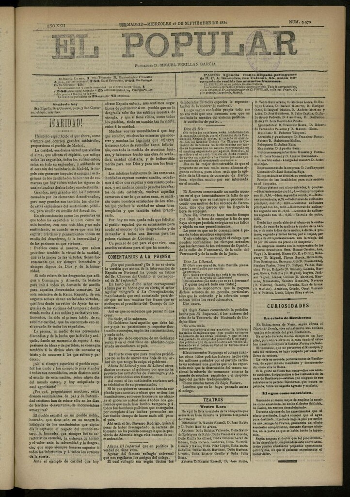 Miniatura de El Popular: diario independiente, político, literario y de noticias de interés general del 16 de septiembre de 1891, nº 9970