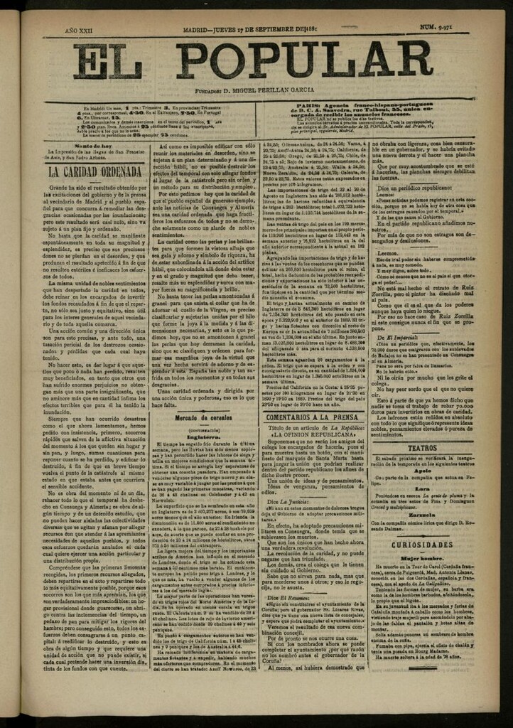 Miniatura de El Popular: diario independiente, político, literario y de noticias de interés general del 17 de septiembre de 1891, nº 9971
