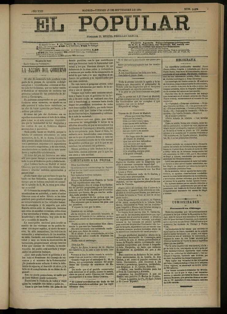 Miniatura de El Popular: diario independiente, político, literario y de noticias de interés general del 18 de septiembre de 1891, nº 9972