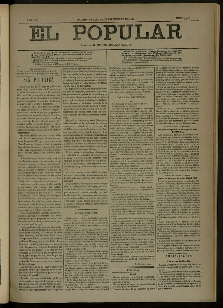 Miniatura de El Popular: diario independiente, político, literario y de noticias de interés general del 19 de septiembre de 1891, nº 9973