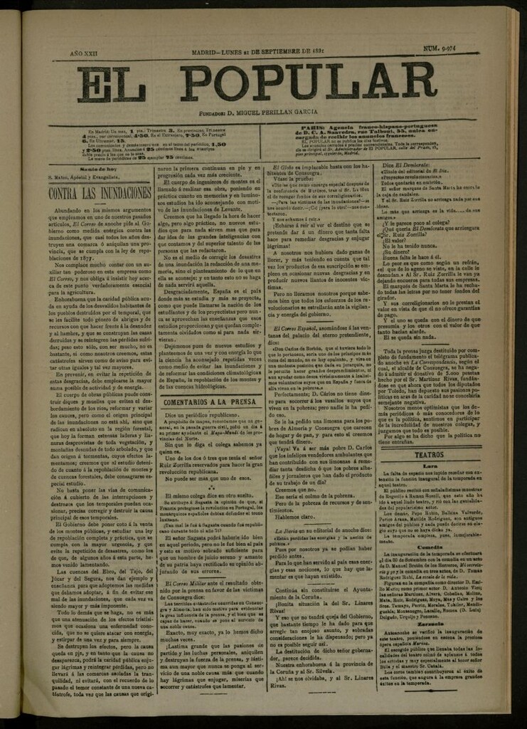 Miniatura de El Popular: diario independiente, político, literario y de noticias de interés general del 21 de septiembre de 1891, nº 9974