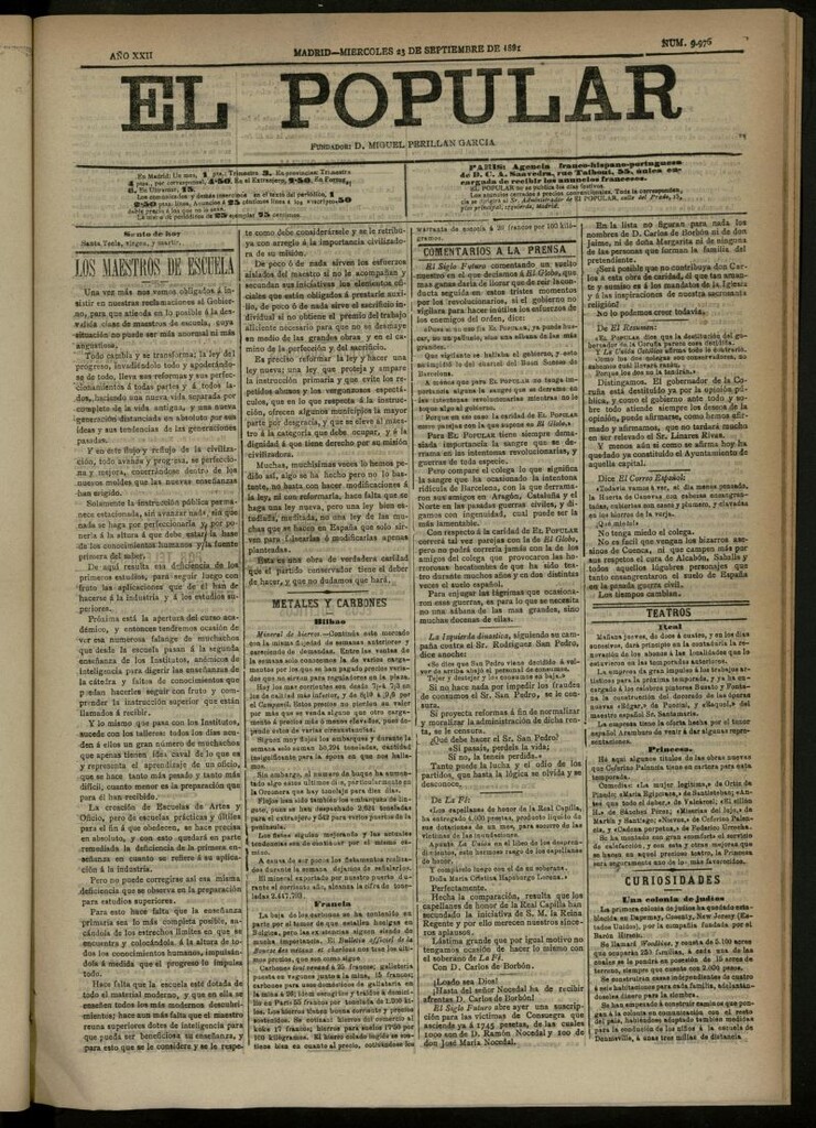Miniatura de El Popular: diario independiente, político, literario y de noticias de interés general del 23 de septiembre de 1891, nº 9976