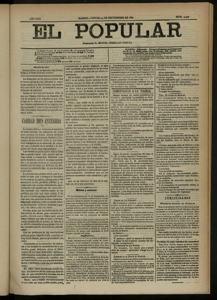 Miniatura de El Popular: diario independiente, político, literario y de noticias de interés general del 24 de septiembre de 1891, nº 9977