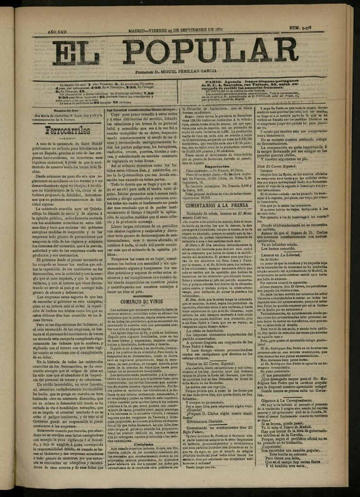 Miniatura de El Popular: diario independiente, político, literario y de noticias de interés general del 25 de septiembre de 1891, nº 9978