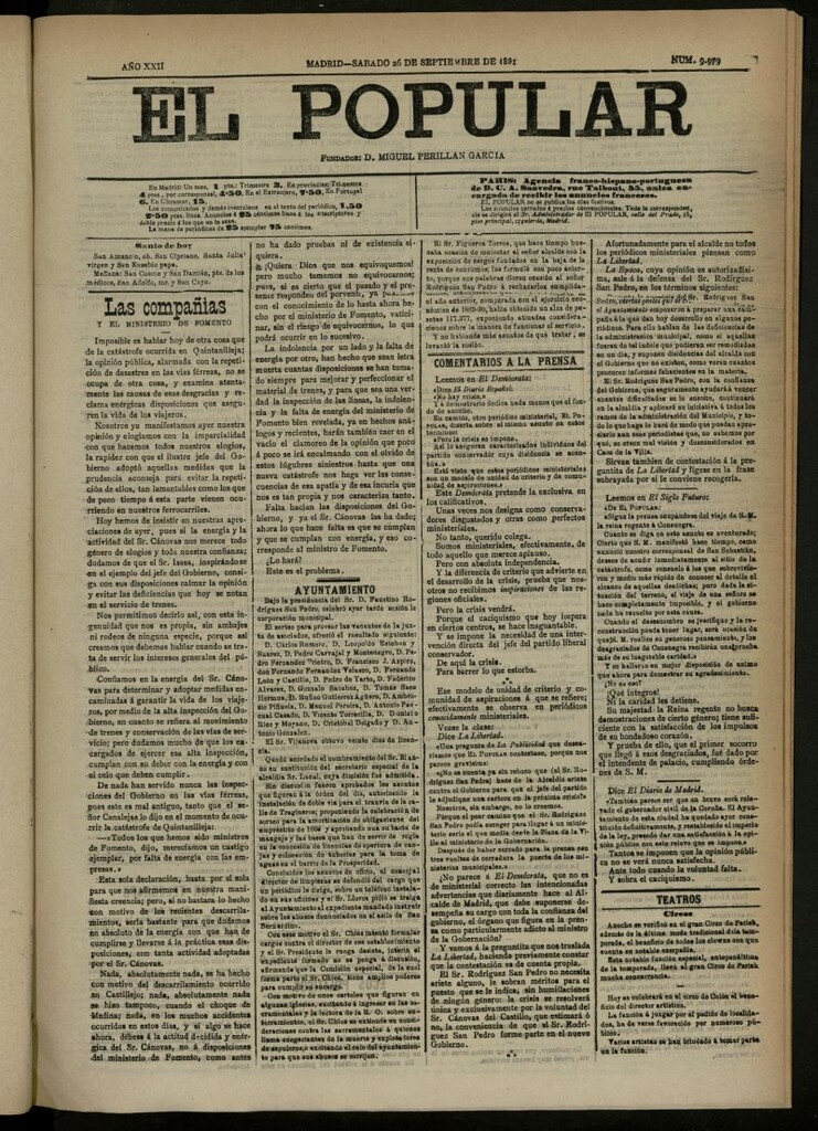 Miniatura de El Popular: diario independiente, político, literario y de noticias de interés general del 26 de septiembre de 1891, nº 9979