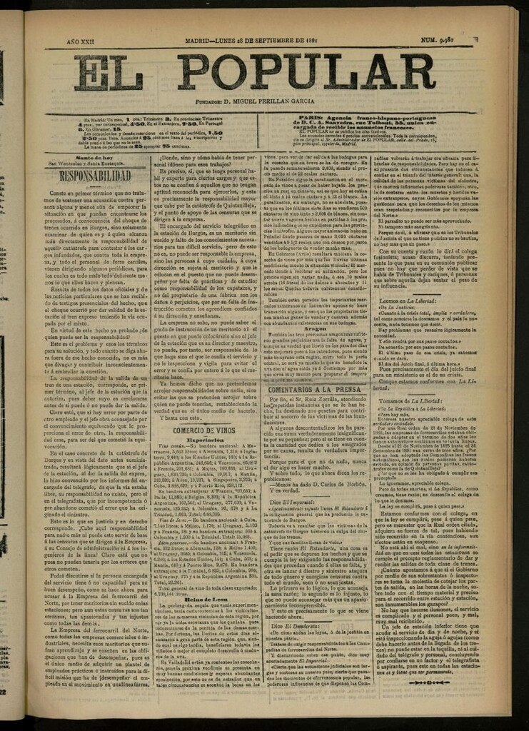 Miniatura de El Popular: diario independiente, político, literario y de noticias de interés general del 28 de septiembre de 1891, nº 9980