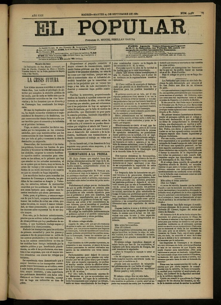 Miniatura de El Popular: diario independiente, político, literario y de noticias de interés general del 29 de septiembre de 1891, nº 9981