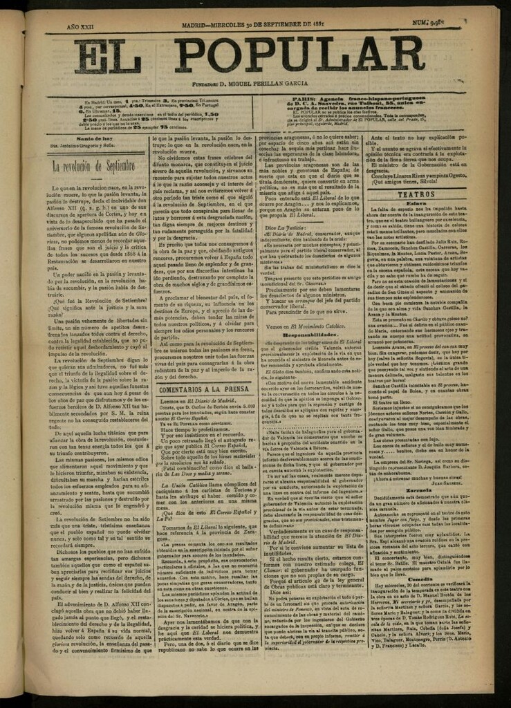 Miniatura de El Popular: diario independiente, político, literario y de noticias de interés general del 30 de septiembre de 1891, nº 9982