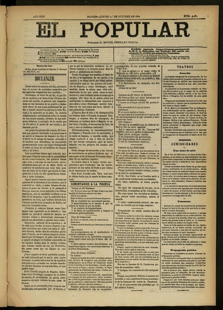 Miniatura de El Popular: diario independiente, político, literario y de noticias de interés general del 1 de octubre de 1891, nº 9982 [sic]