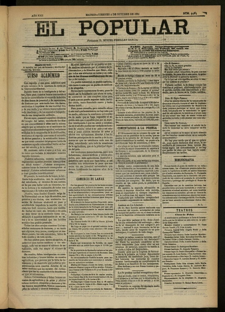 Miniatura de El Popular: diario independiente, político, literario y de noticias de interés general del 2 de octubre de 1891, nº 9983
