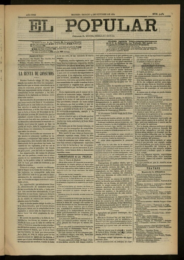 Miniatura de El Popular: diario independiente, político, literario y de noticias de interés general del 3 de octubre de 1891, nº 9984