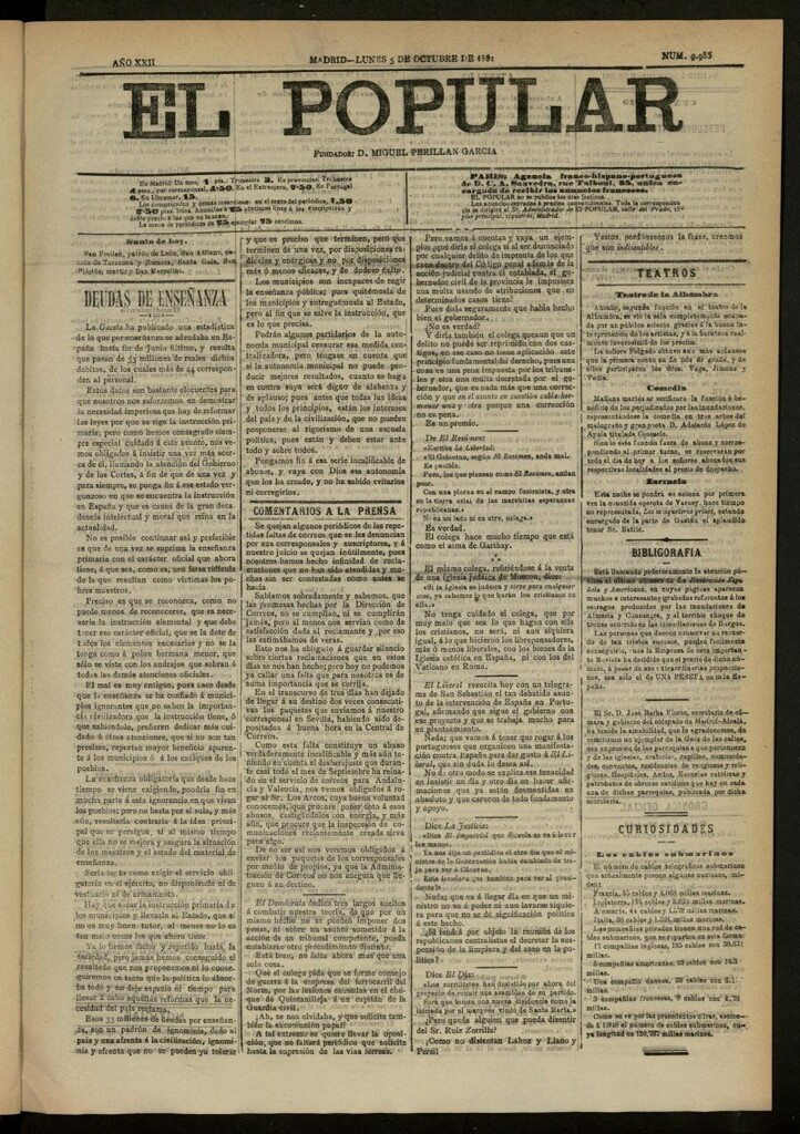 Miniatura de El Popular: diario independiente, político, literario y de noticias de interés general del 5 de octubre de 1891, nº 9985