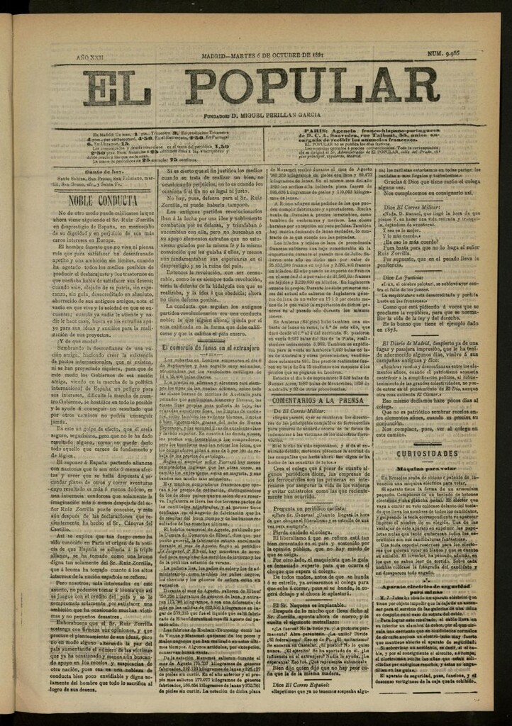Miniatura de El Popular: diario independiente, político, literario y de noticias de interés general del 6 de octubre de 1891, nº 9986