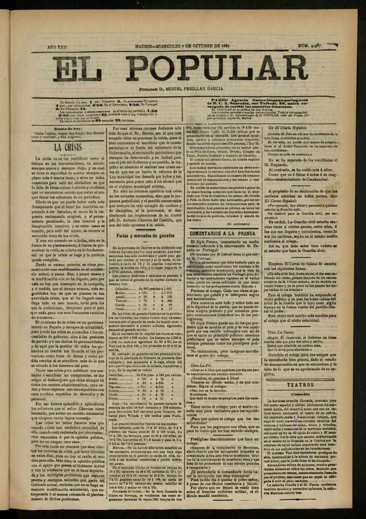 Miniatura de El Popular: diario independiente, político, literario y de noticias de interés general del 7 de octubre de 1891, nº 9987