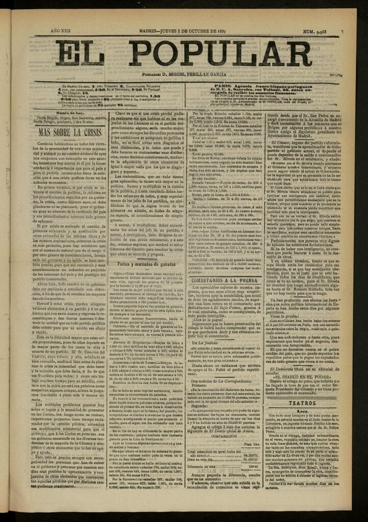 Miniatura de El Popular: diario independiente, político, literario y de noticias de interés general del 8 de octubre de 1891, nº 9988