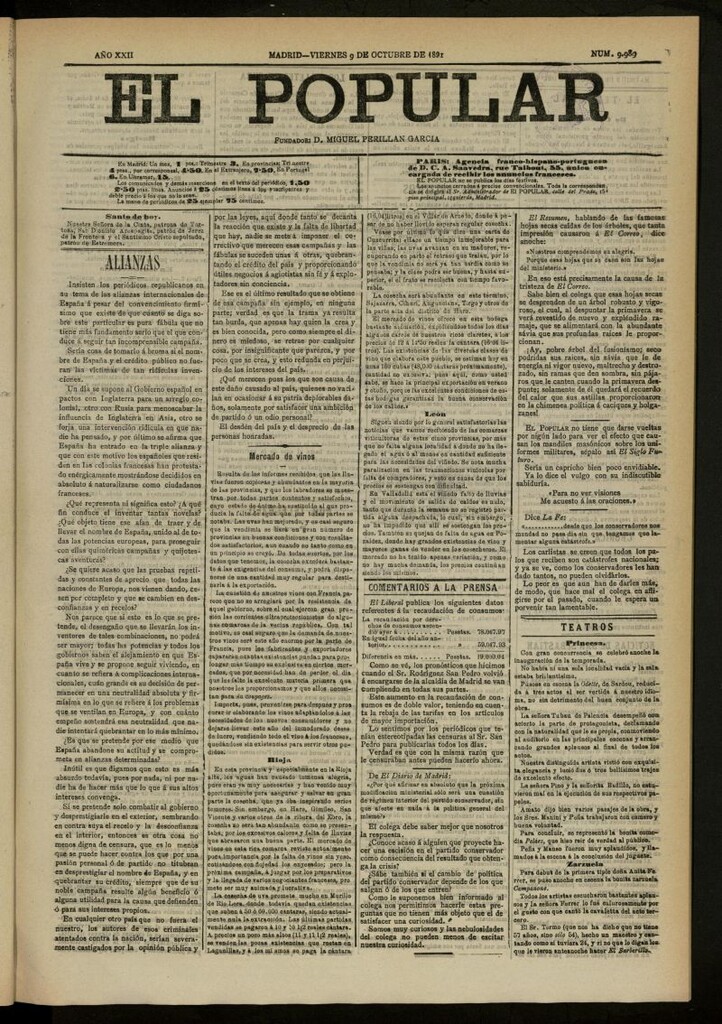 Miniatura de El Popular: diario independiente, político, literario y de noticias de interés general del 9 de octubre de 1891, nº 9989