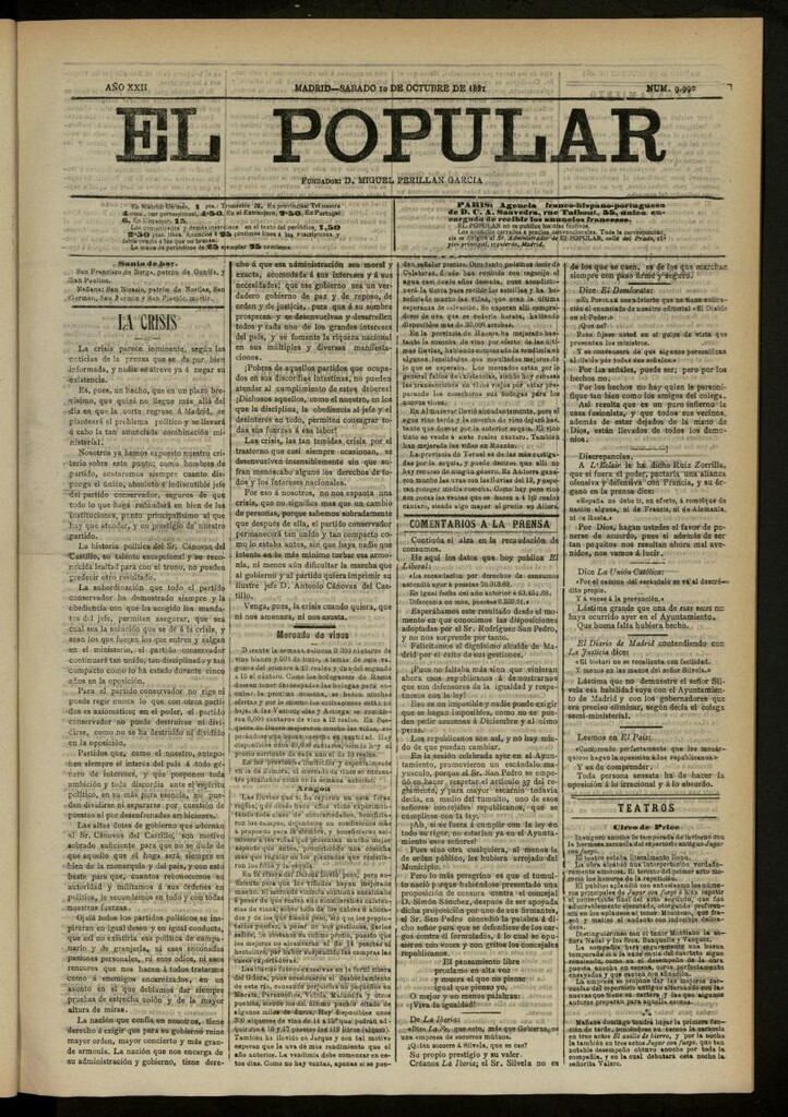 Miniatura de El Popular: diario independiente, político, literario y de noticias de interés general del 10 de octubre de 1891, nº 9990