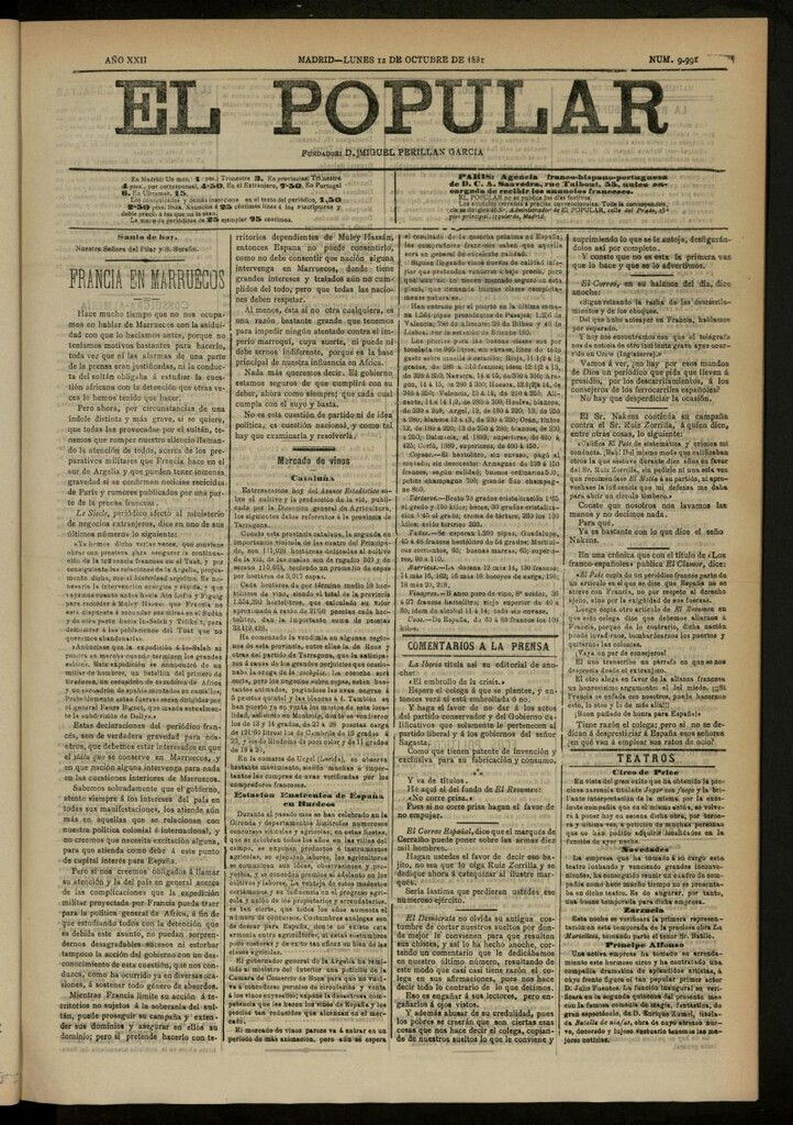 Miniatura de El Popular: diario independiente, político, literario y de noticias de interés general del 12 de octubre de 1891, nº 9991