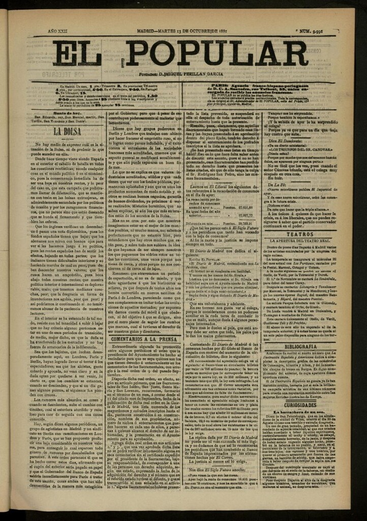 Miniatura de El Popular: diario independiente, político, literario y de noticias de interés general del 13 de octubre de 1891, nº 9992