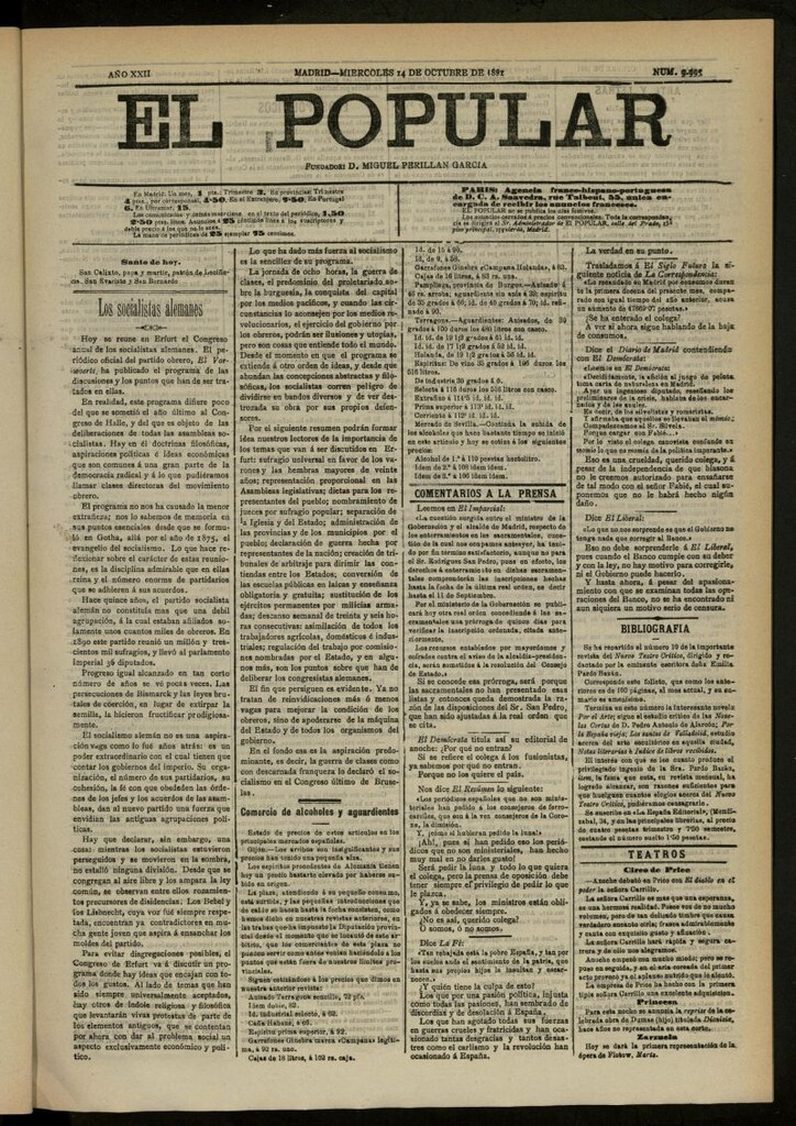 Miniatura de El Popular: diario independiente, político, literario y de noticias de interés general del 14 de octubre de 1891, nº 9993