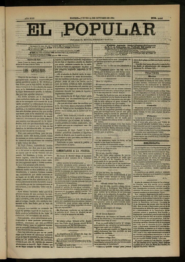 Miniatura de El Popular: diario independiente, político, literario y de noticias de interés general del 15 de octubre de 1891, nº 9994