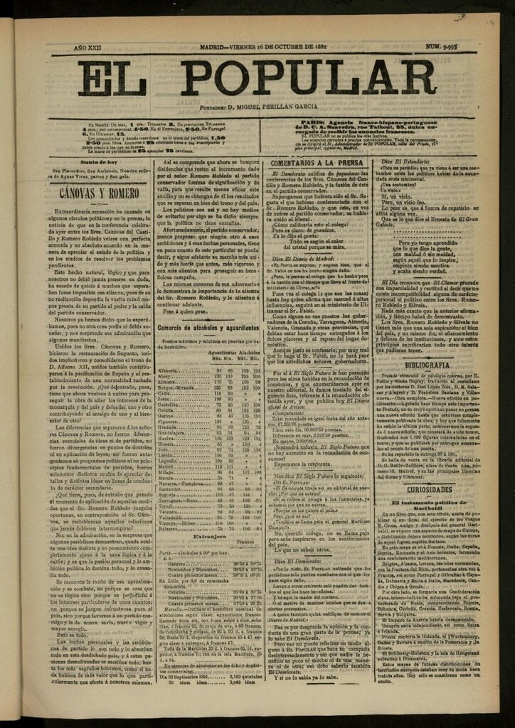 Miniatura de El Popular: diario independiente, político, literario y de noticias de interés general del 16 de octubre de 1891, nº 9995