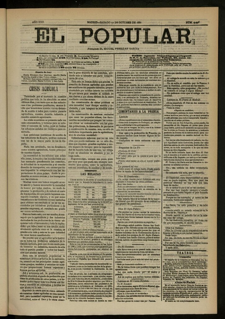 Miniatura de El Popular: diario independiente, político, literario y de noticias de interés general del 17 de octubre de 1891, nº 9996