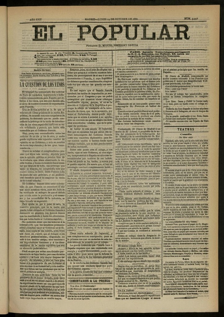 Miniatura de El Popular: diario independiente, político, literario y de noticias de interés general del 19 de octubre de 1891, nº 9997