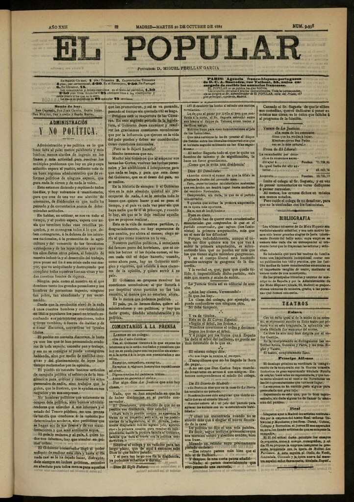Miniatura de El Popular: diario independiente, político, literario y de noticias de interés general del 20 de octubre de 1891, nº 9998