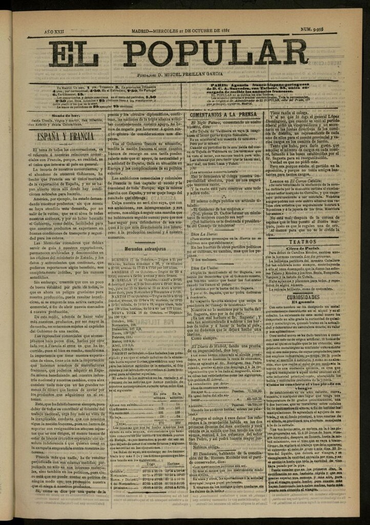 Miniatura de El Popular: diario independiente, político, literario y de noticias de interés general del 21 de octubre de 1891, nº 9999