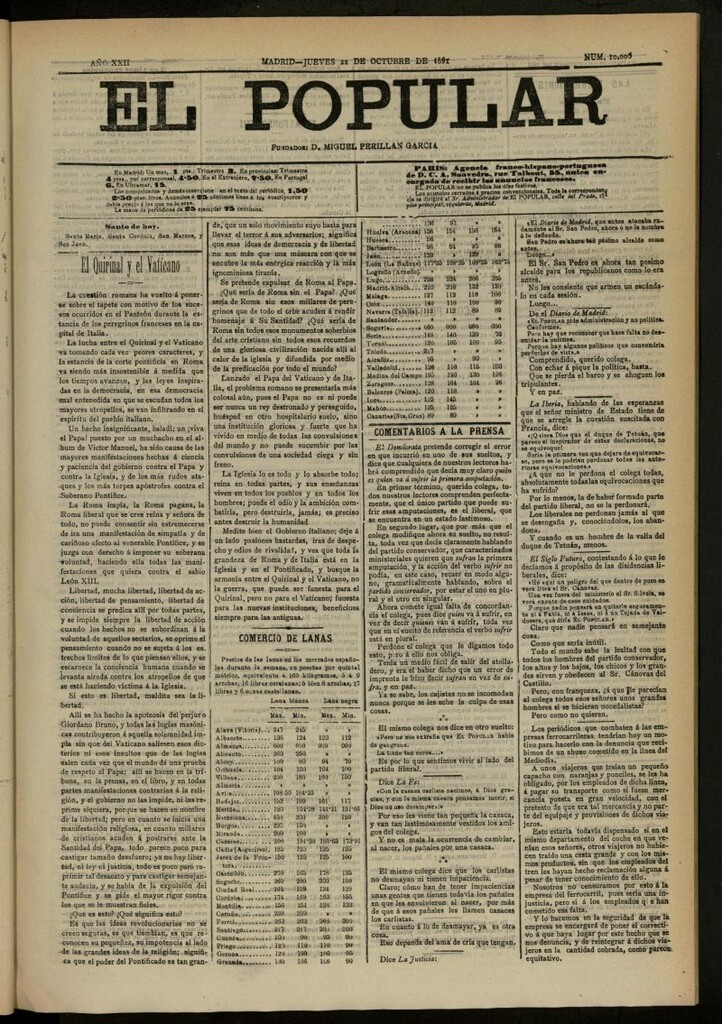 Miniatura de El Popular: diario independiente, político, literario y de noticias de interés general del 22 de octubre de 1891, nº 10000