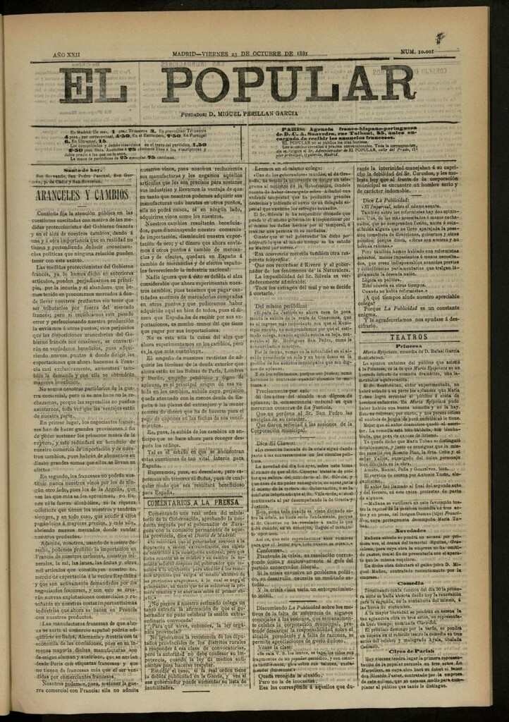 Miniatura de El Popular: diario independiente, político, literario y de noticias de interés general del 23 de octubre de 1891, nº 10001