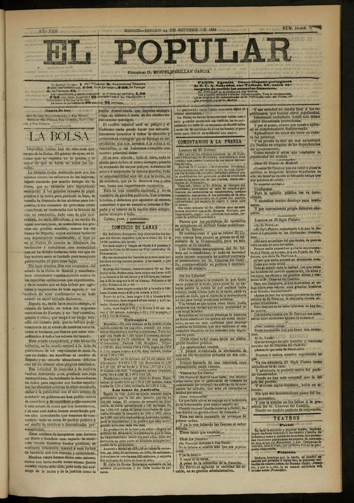 Miniatura de El Popular: diario independiente, político, literario y de noticias de interés general del 24 de octubre de 1891, nº 10002