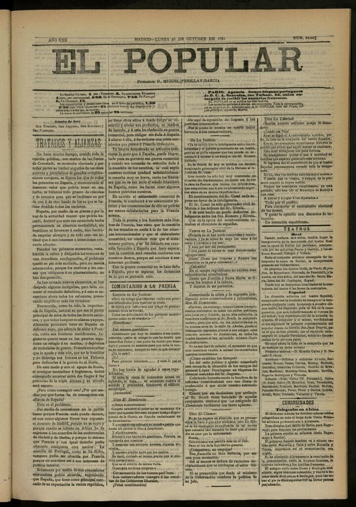 Miniatura de El Popular: diario independiente, político, literario y de noticias de interés general del 26 de octubre de 1891, nº 10003