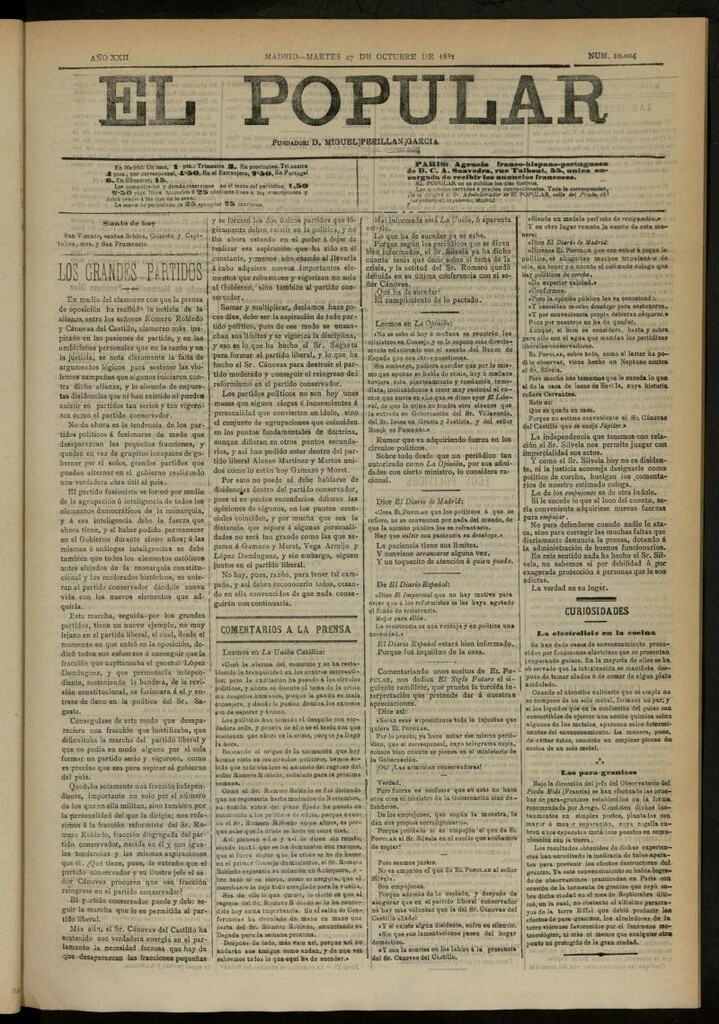 Miniatura de El Popular: diario independiente, político, literario y de noticias de interés general del 27 de octubre de 1891, nº 10004